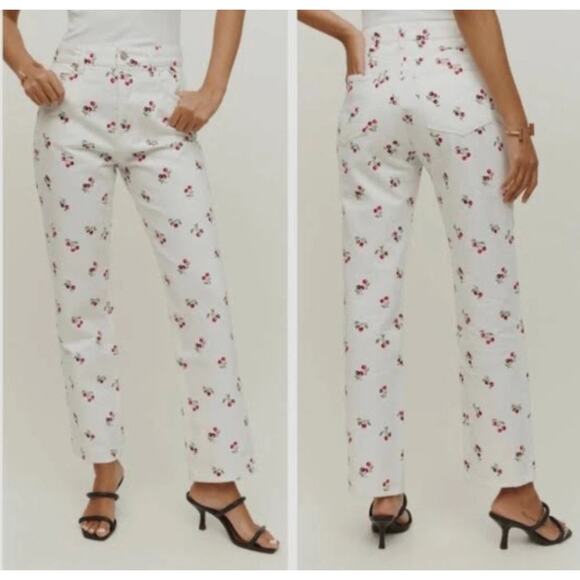 Reformation Cherries Embroidered High Rise Straight Leg Jeans sz 25, girls 14/16 - Picture 1 of 11